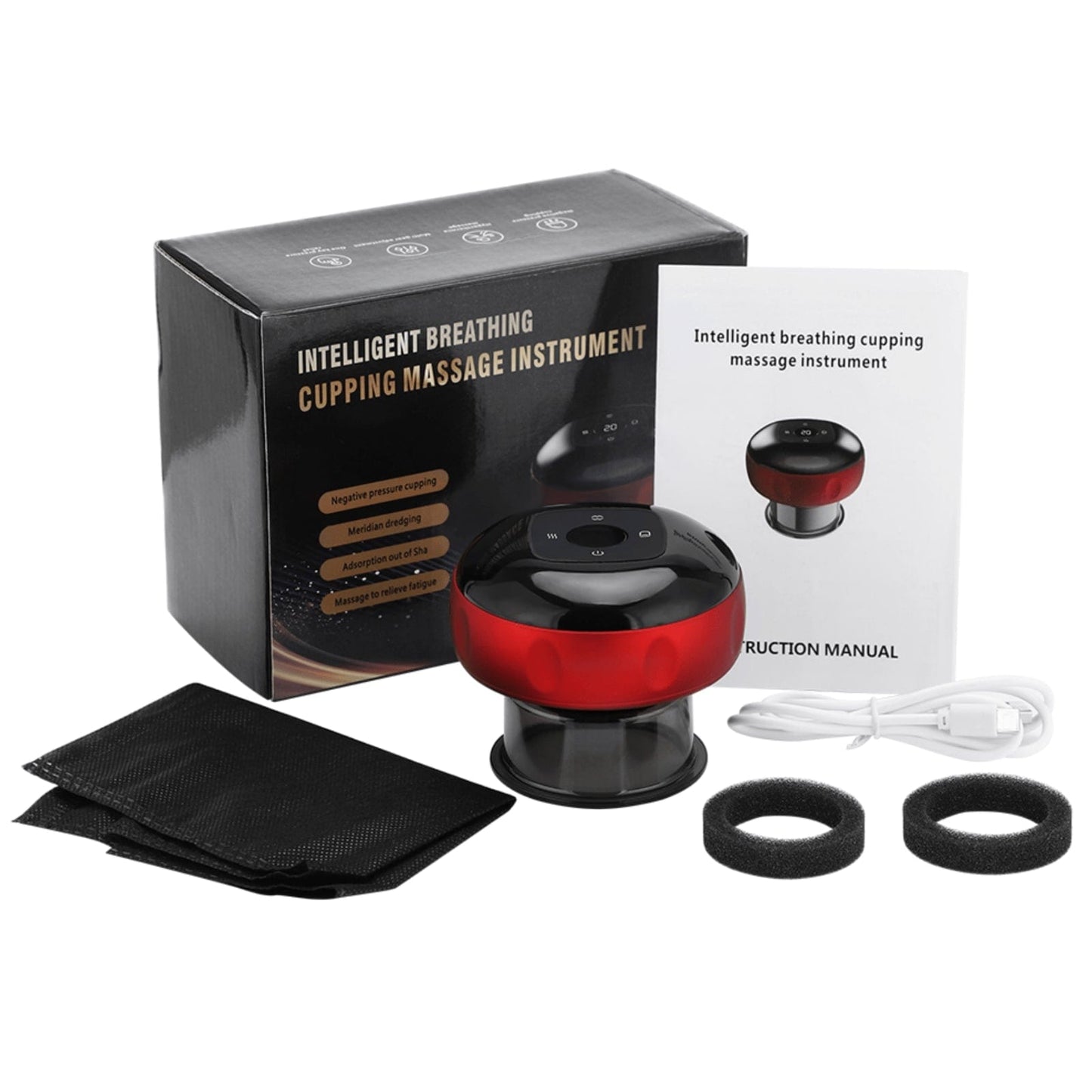 Fitlybuy electric vacuum cupping massager set: red/black device, manual, charging cable, and foam filters in box.