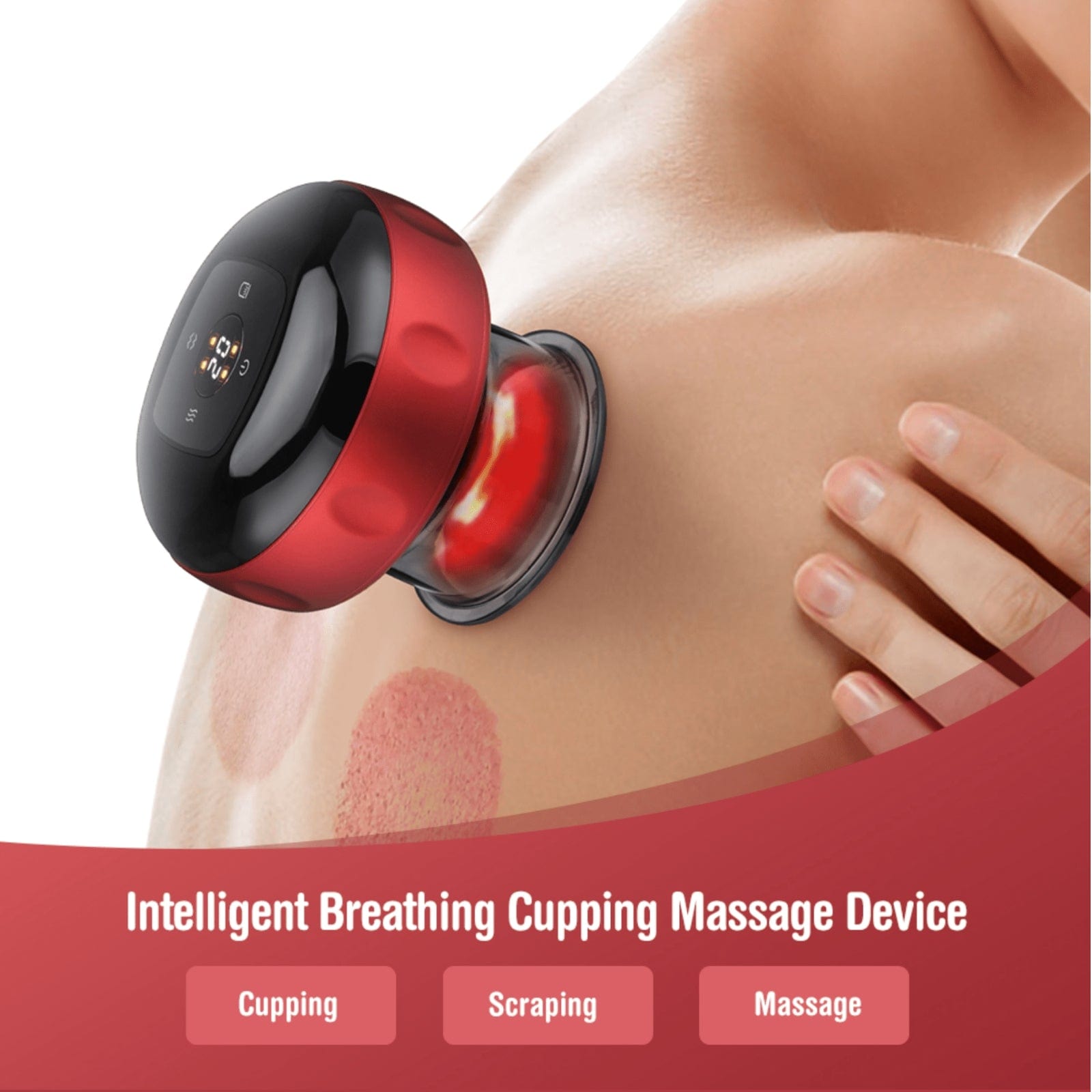 Fitlybuy red and black electric vacuum cupping massager with digital display being used on a shoulder for therapy.