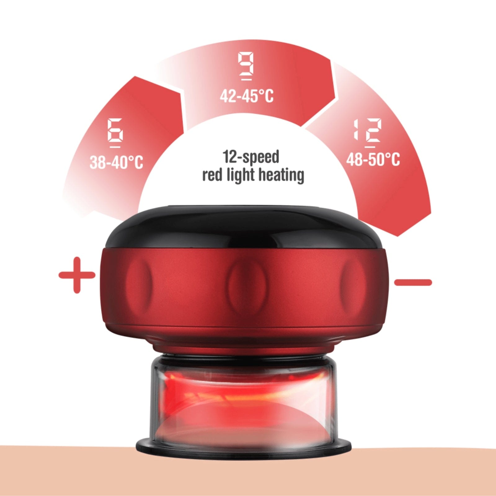 Red Fitlybuy electric vacuum cupping massager with 12-speed red light heating and adjustable temperature settings.