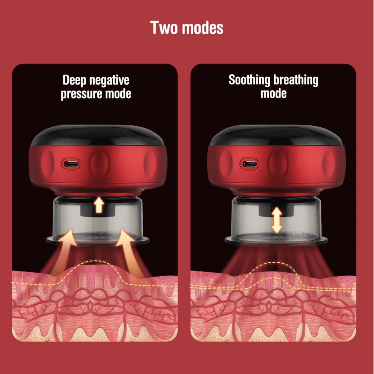 Fitlybuy red electric vacuum cupping massager showing two suction modes with anatomical skin cross-section illustrations.