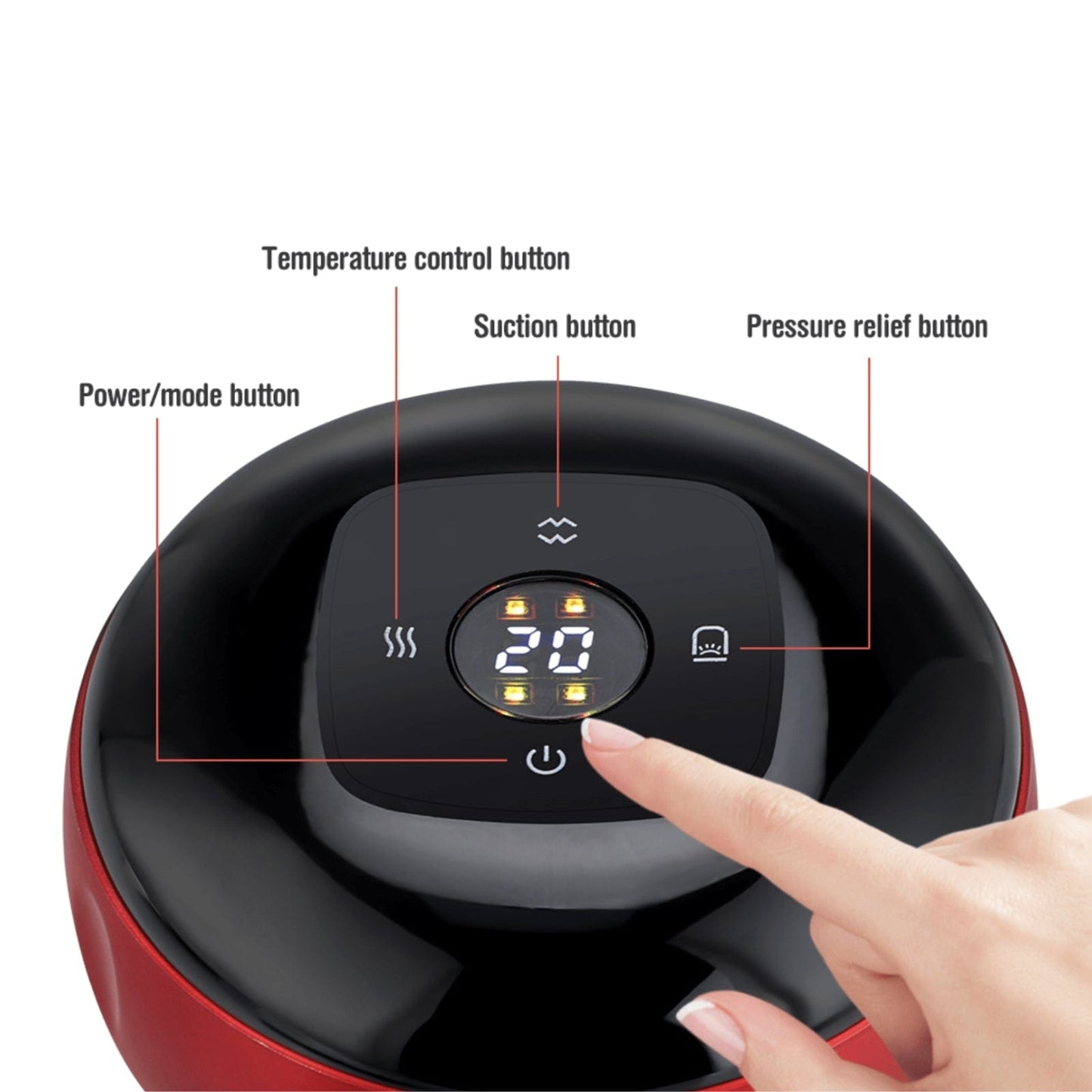 Fitlybuy red electric cupping massager with digital display, touch buttons, and labels for settings.