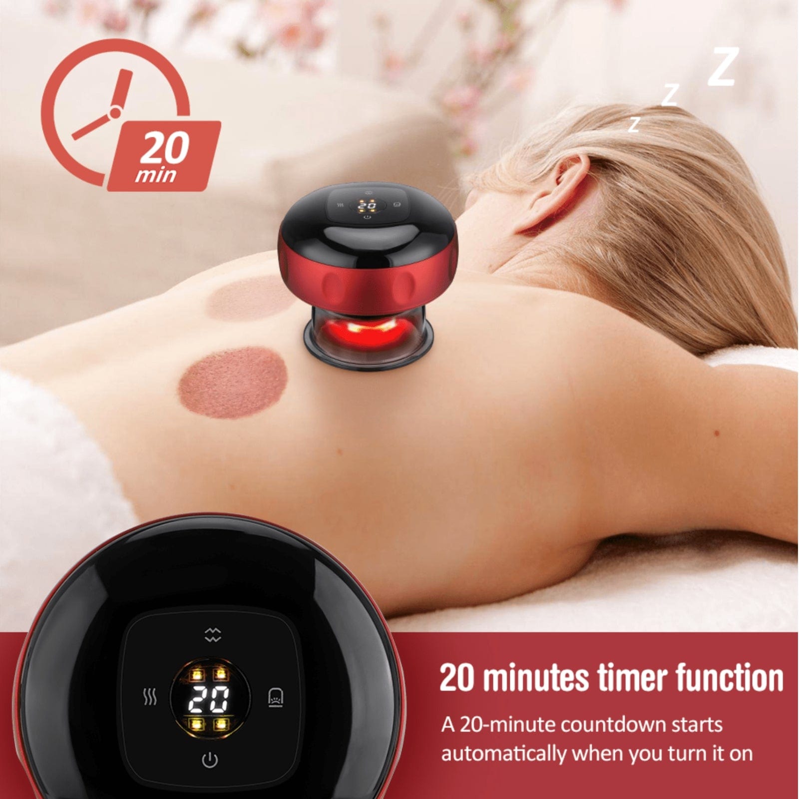 Fitlybuy electric red and black vacuum cupping massager on a person’s back, featuring a 20-minute digital timer display.