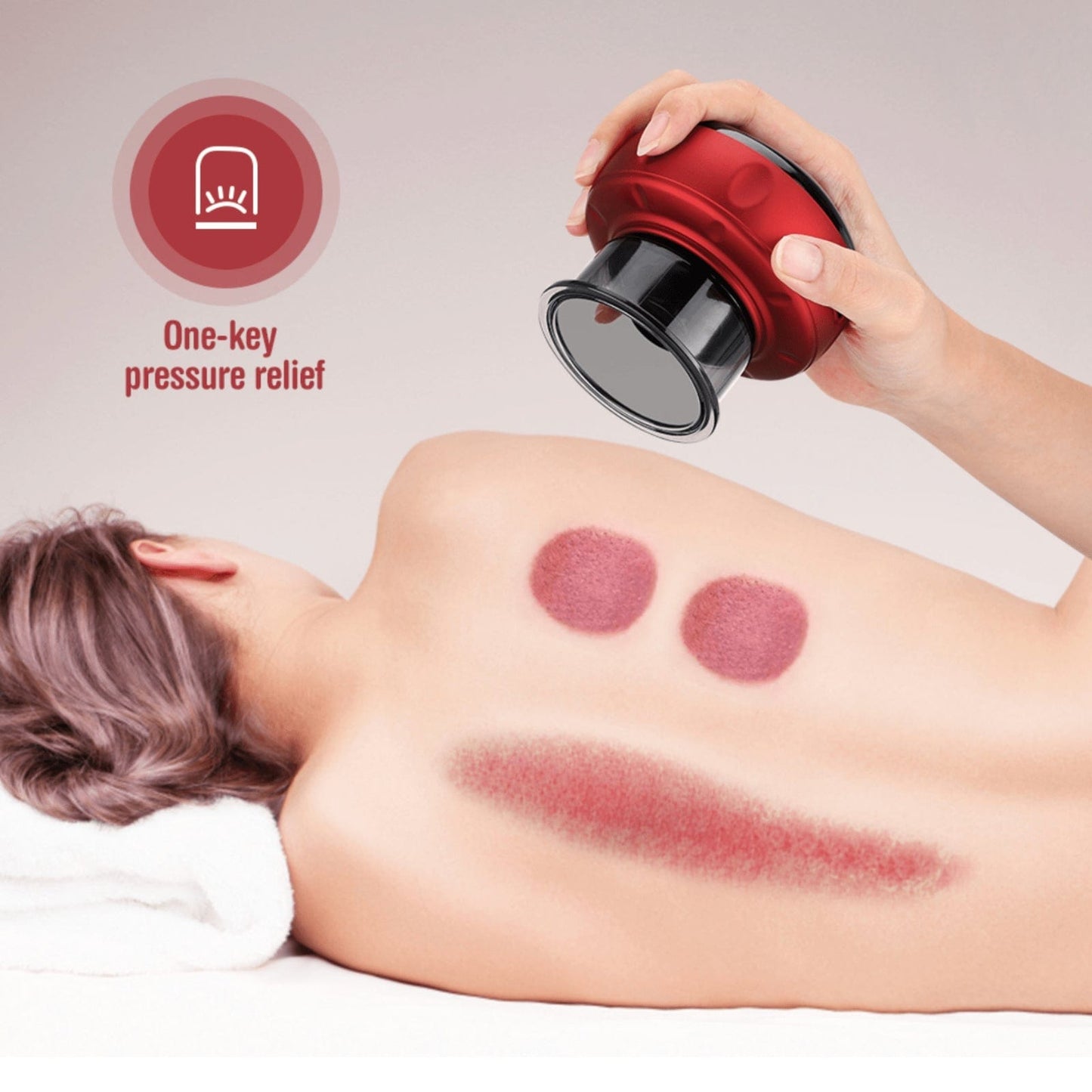 Red Fitlybuy electric vacuum cupping massager being used on a woman's back to show suction therapy benefits.