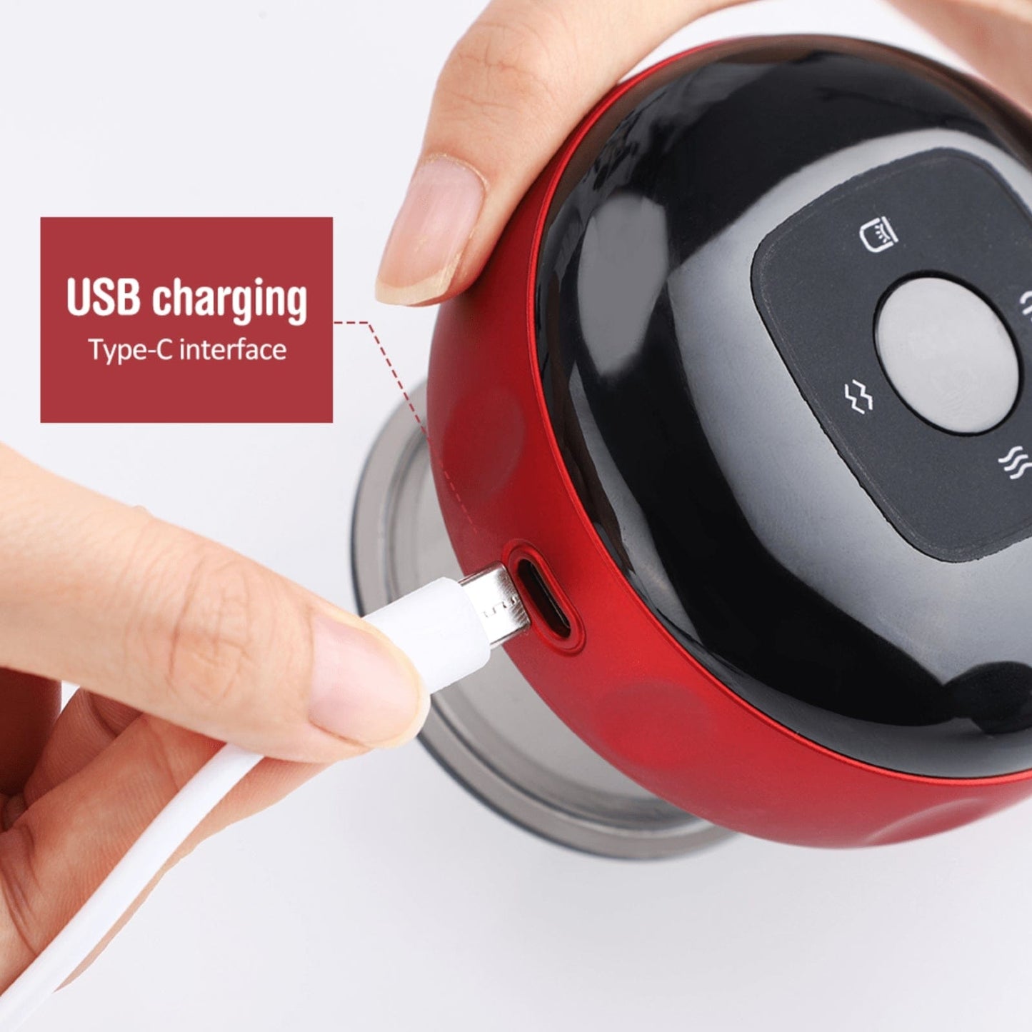 Hand plugging a USB-C cable into a red and black Fitlybuy electric vacuum cupping massager with touch controls.
