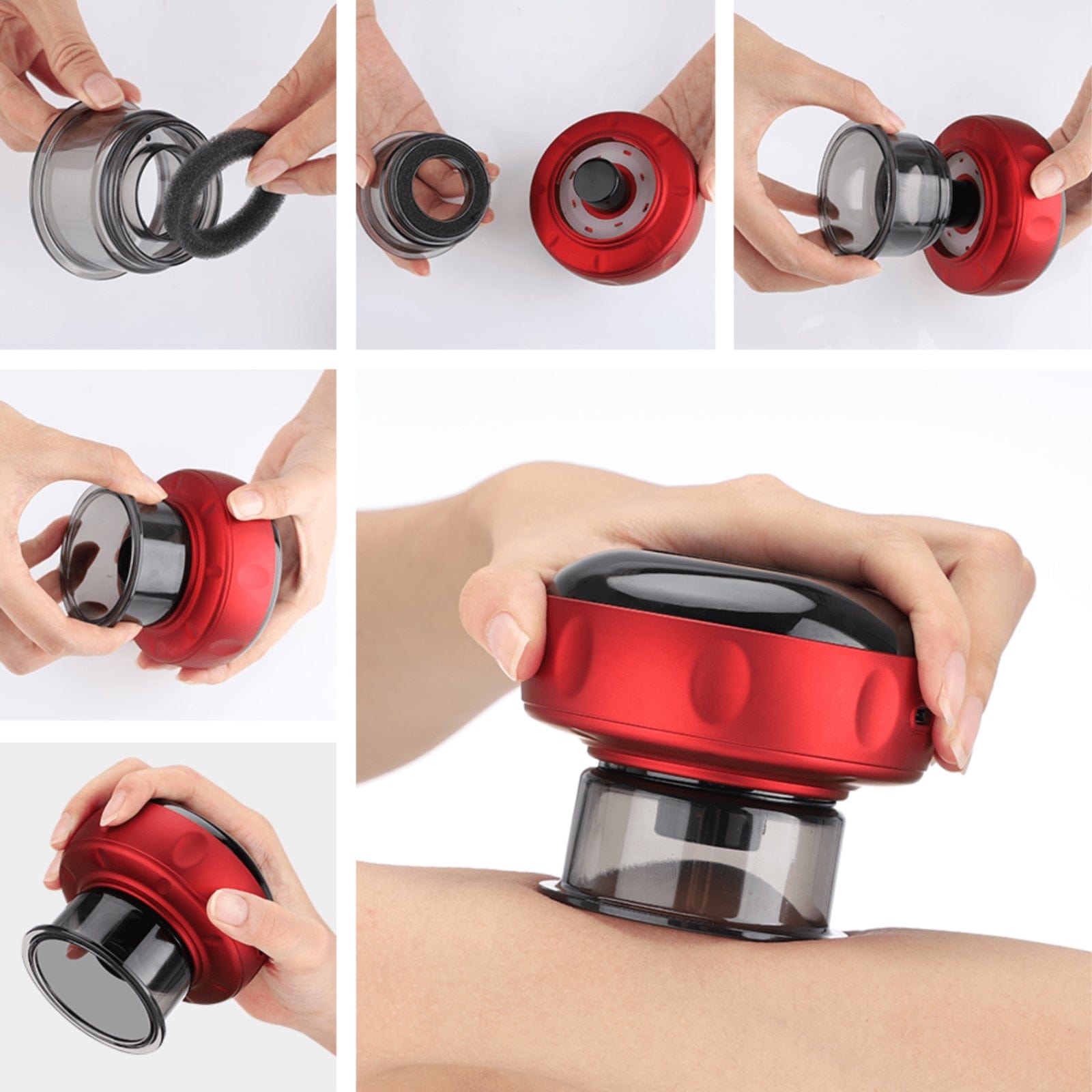 Hands assembling and using a red Fitlybuy electric vacuum cupping massager with a clear suction cup on skin.