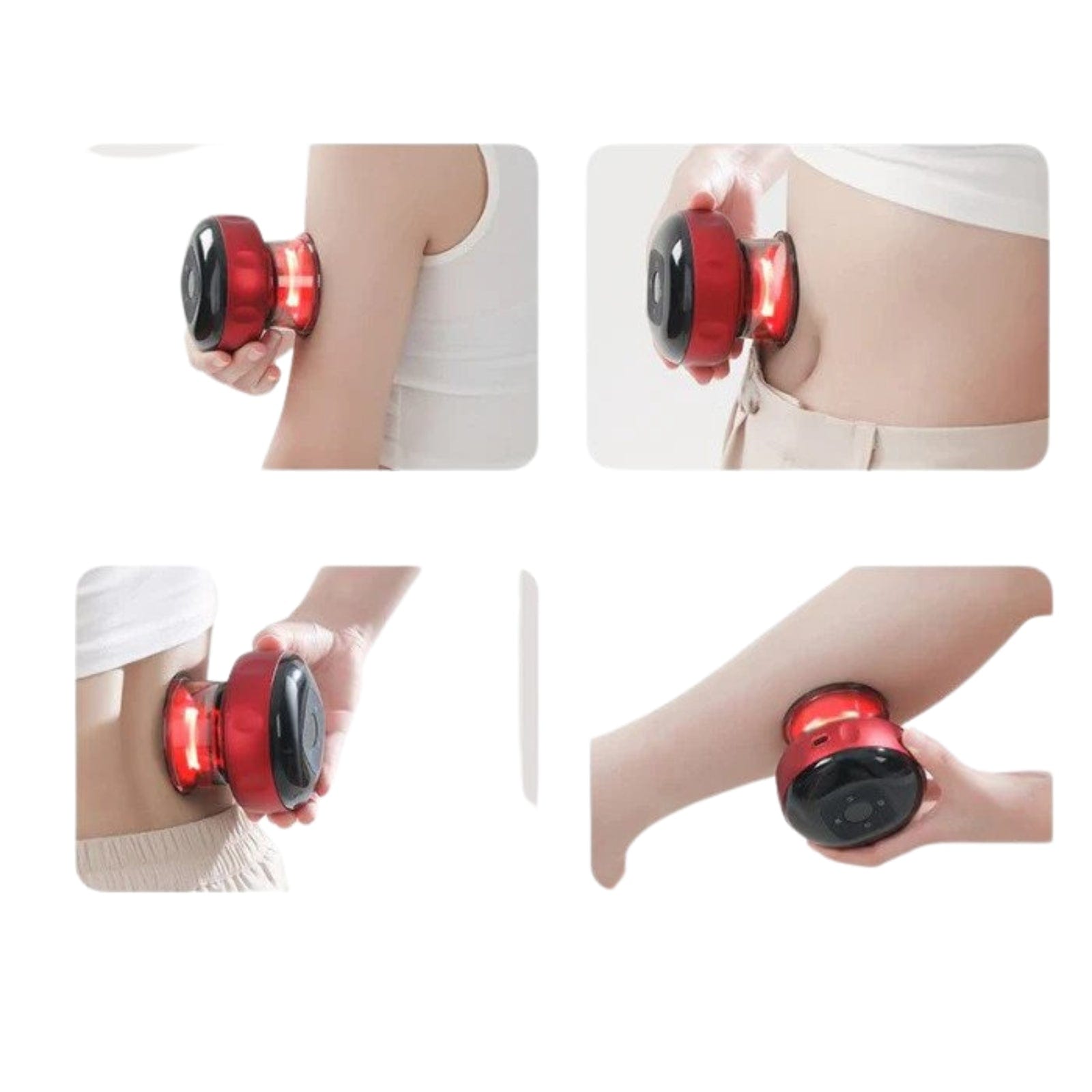 Fitlybuy red electric vacuum cupping massager with red light therapy suction applied to arm, abdomen, back, and leg.