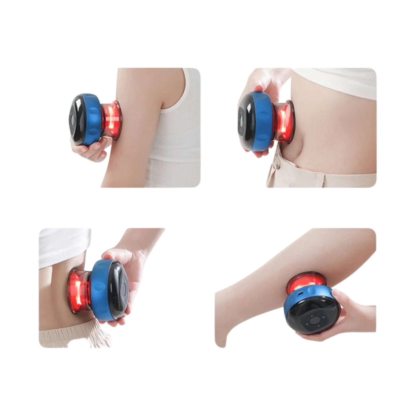 Fitlybuy electric blue vacuum cupping massager with red light therapy being used on arms and torso for muscle relief.