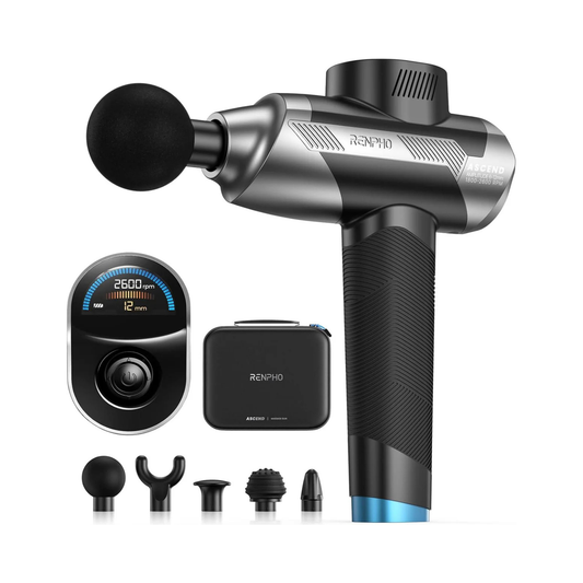 Fitlybuy Ascend grey massage gun with HyperPulse, digital display, carrying case, and five diverse attachment heads.