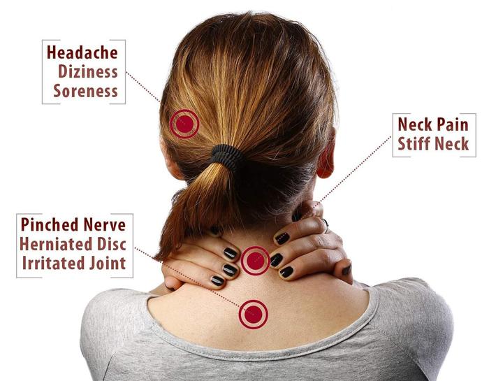 Woman holding her neck with labels for headache, neck pain, and nerve issues, highlighting neck support needs.