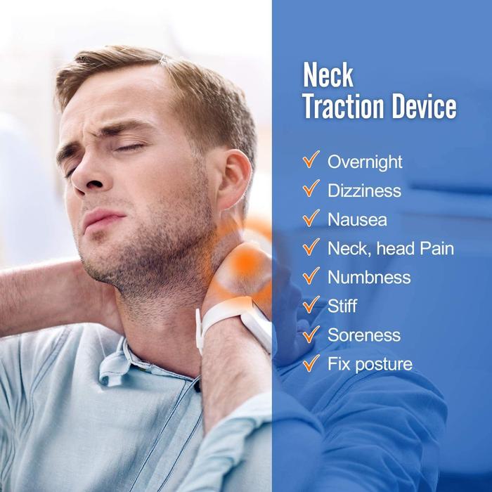 Man wearing white Fitlybuy Cervicollar neck traction device for pain relief, stiffness, and posture support.