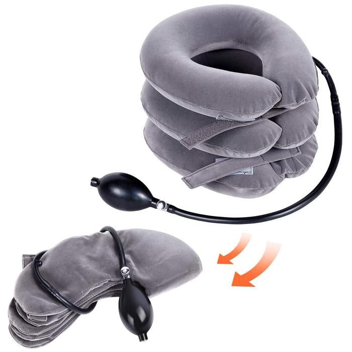 Gray Fitlybuy cervical traction device with three inflatable tiers, black air pump, and Velcro straps.