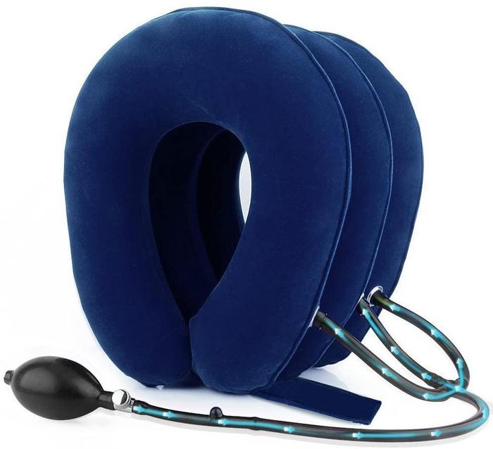 Blue Fitlybuy inflatable cervical traction collar with manual air pump for ergonomic neck support and pain relief.