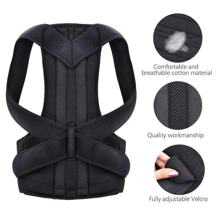 Fitlybuy black posture corrector with breathable mesh, ergonomic back support, and adjustable Velcro straps.