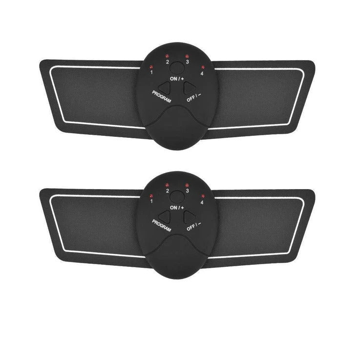 Two black Fitlybuy EMS muscle stimulator pads with integrated control units and white outline detailing on white background.