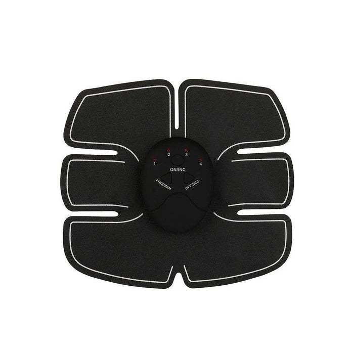 Black Fitlybuy EMS muscle stimulator device with a central control unit, 6-pad design, and white outlines.
