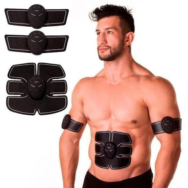 Fitlybuy black EMS muscle stimulator pads worn on a man’s abdomen and arms for fitness electrotherapy.