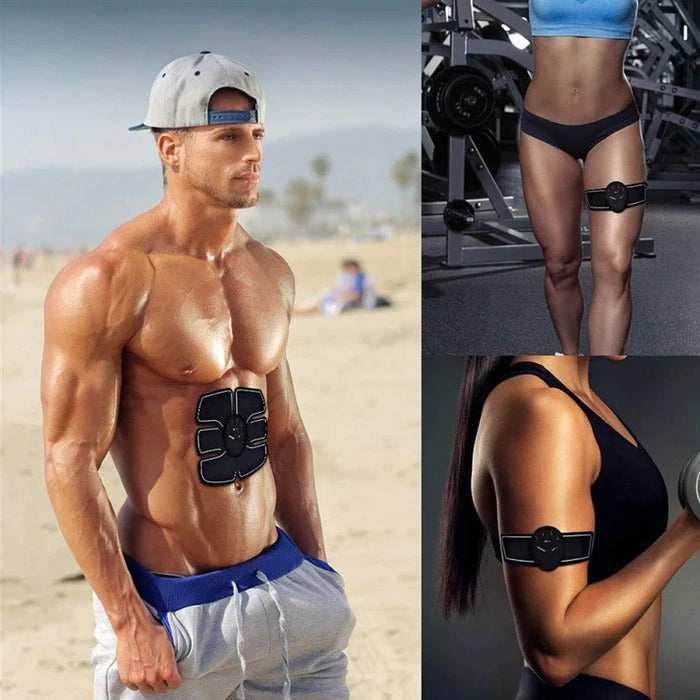 Fitlybuy black EMS muscle stimulators worn on abs, thigh, and arm by athletes in gym and beach settings.
