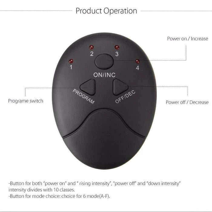 Fitlybuy black oval EMS muscle stimulator remote with labeled buttons for power, intensity, and program settings.