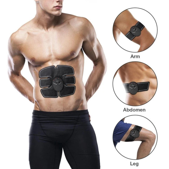 Fitlybuy black EMS muscle stimulator pads shown on a man's abdomen, arm, and leg for targeted electrotherapy.