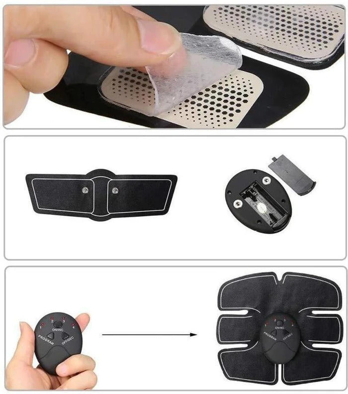 Fitlybuy black EMS muscle stimulator pads, remote control, and battery-operated unit for fitness electrotherapy.