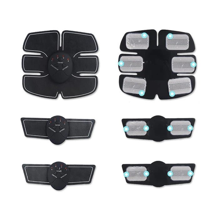 Fitlybuy black EMS muscle stimulator pads with control units, showing front and adhesive gel sides for fitness training.