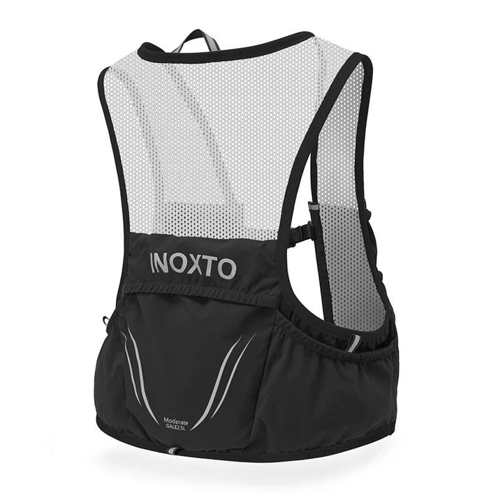 Black and white mesh Fitlybuy hydration vest featuring dual flask pockets and reflective Inoxto branding.