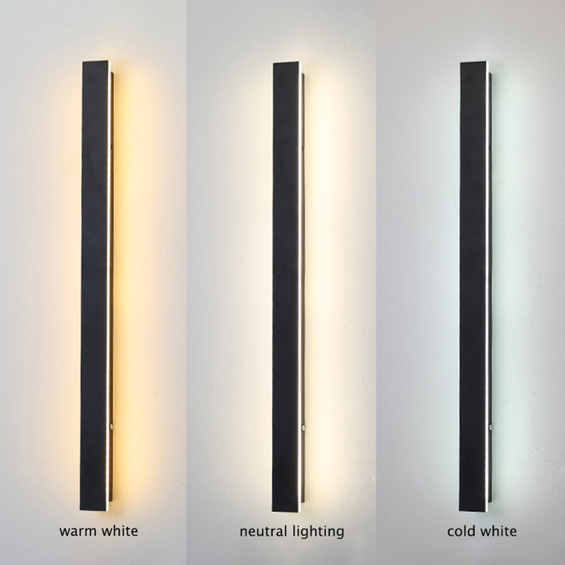Fitlybuy modern black minimalist LED wall light showing warm white, neutral, and cold white lighting options on a wall.
