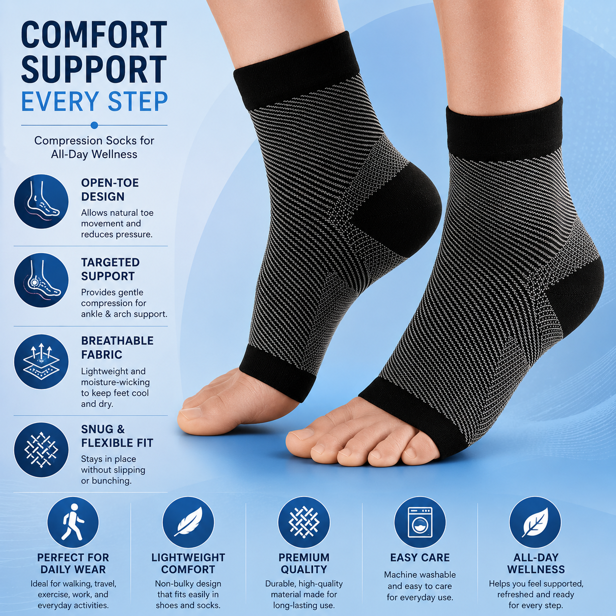 Fitlybuy black and grey open-toe compression socks providing ankle and arch support on a blue informational background.