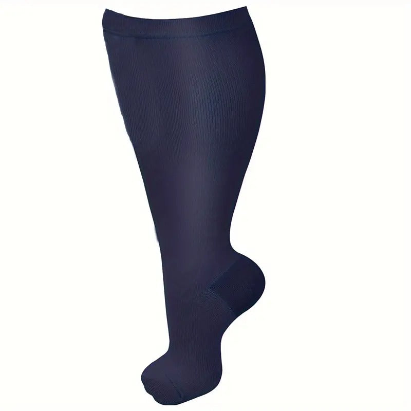 Fitlybuy VitalFlow navy blue plus-size compression socks with ribbed texture for circulation support on white background.