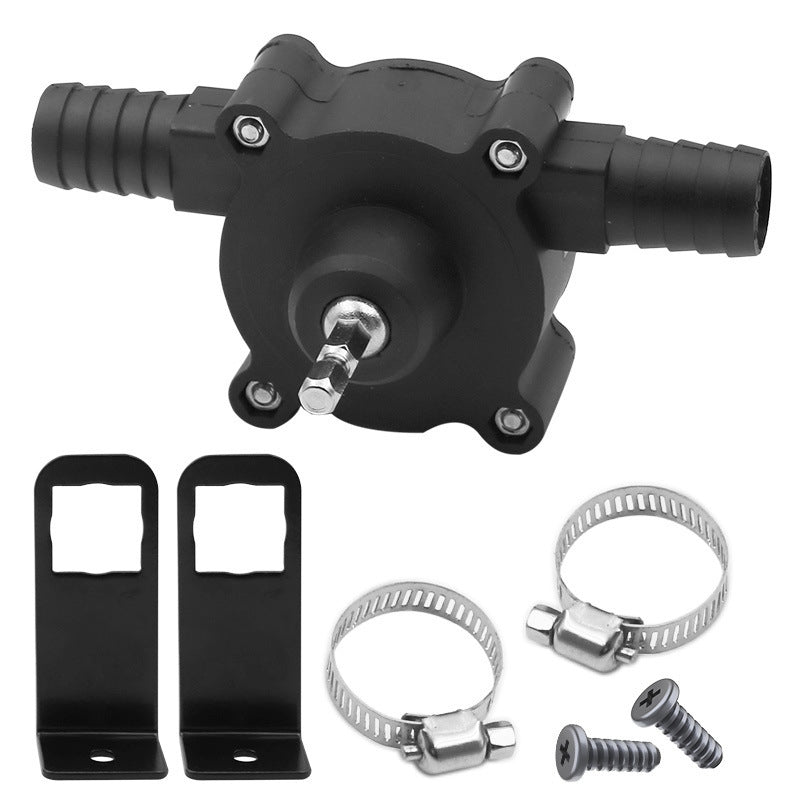 Fitlybuy black battery-free self-priming transfer pump with drill attachment, brackets, hose clamps, and screws.
