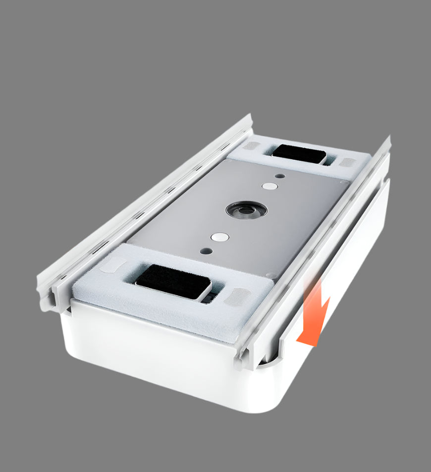 Fitlybuy MagnaSweep dual-sided magnetic window cleaner in white with grey cleaning pads and an orange directional arrow.