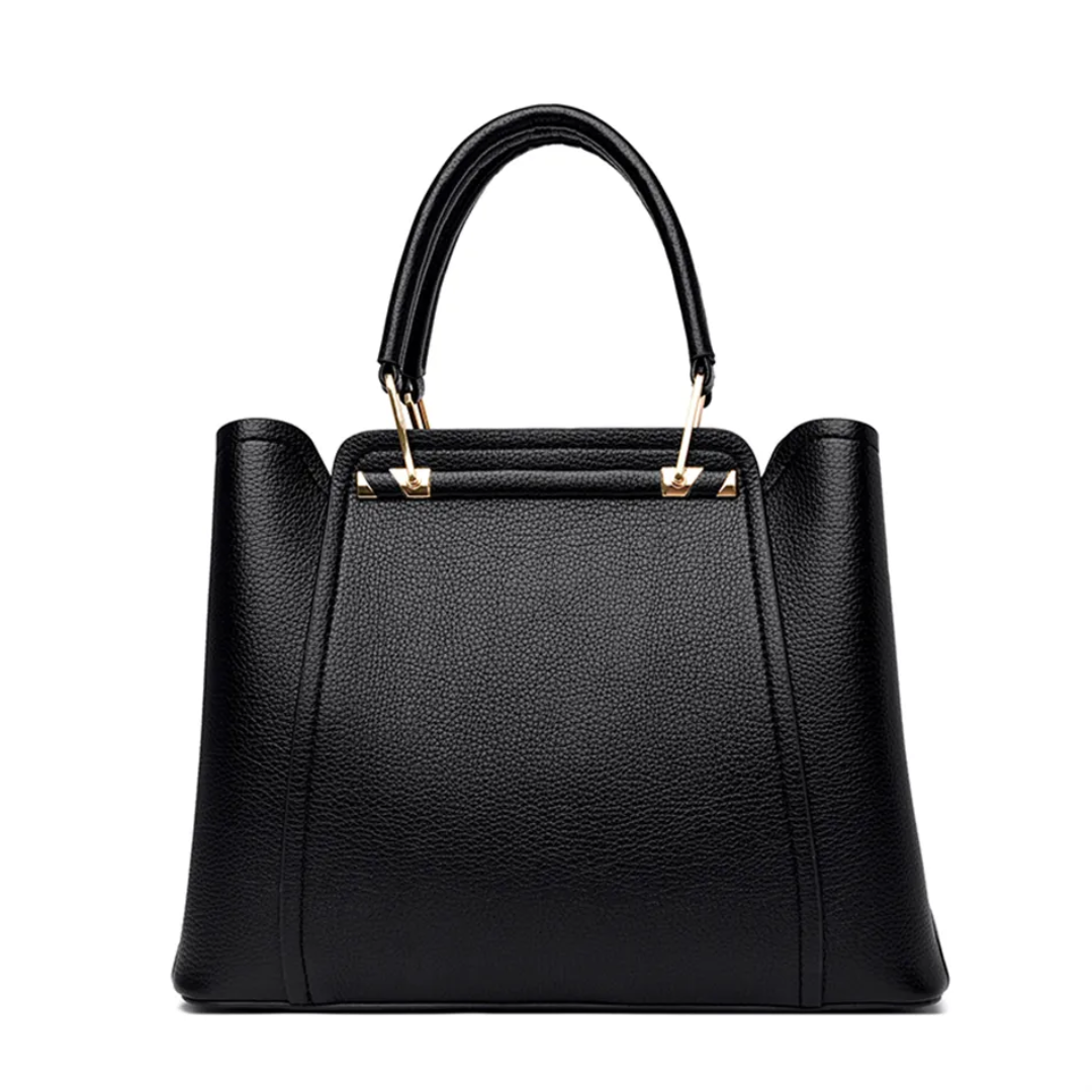 Fitlybuy Vivian black, pebbled-texture PU leather luxury shoulder bag with gold-tone hardware and top handle.