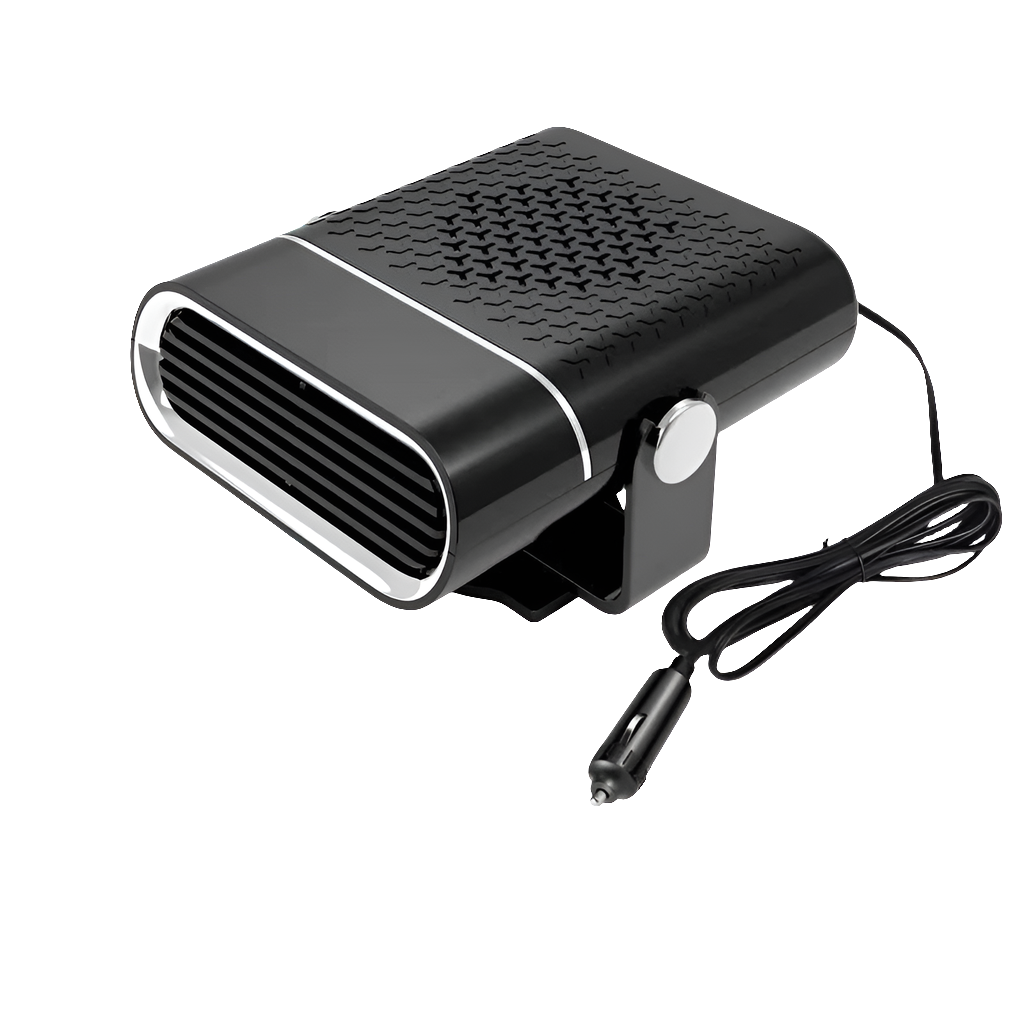 Black Fitlybuy 4-in-1 car heater and fan with 360° rotation and 12V cigarette lighter power plug.