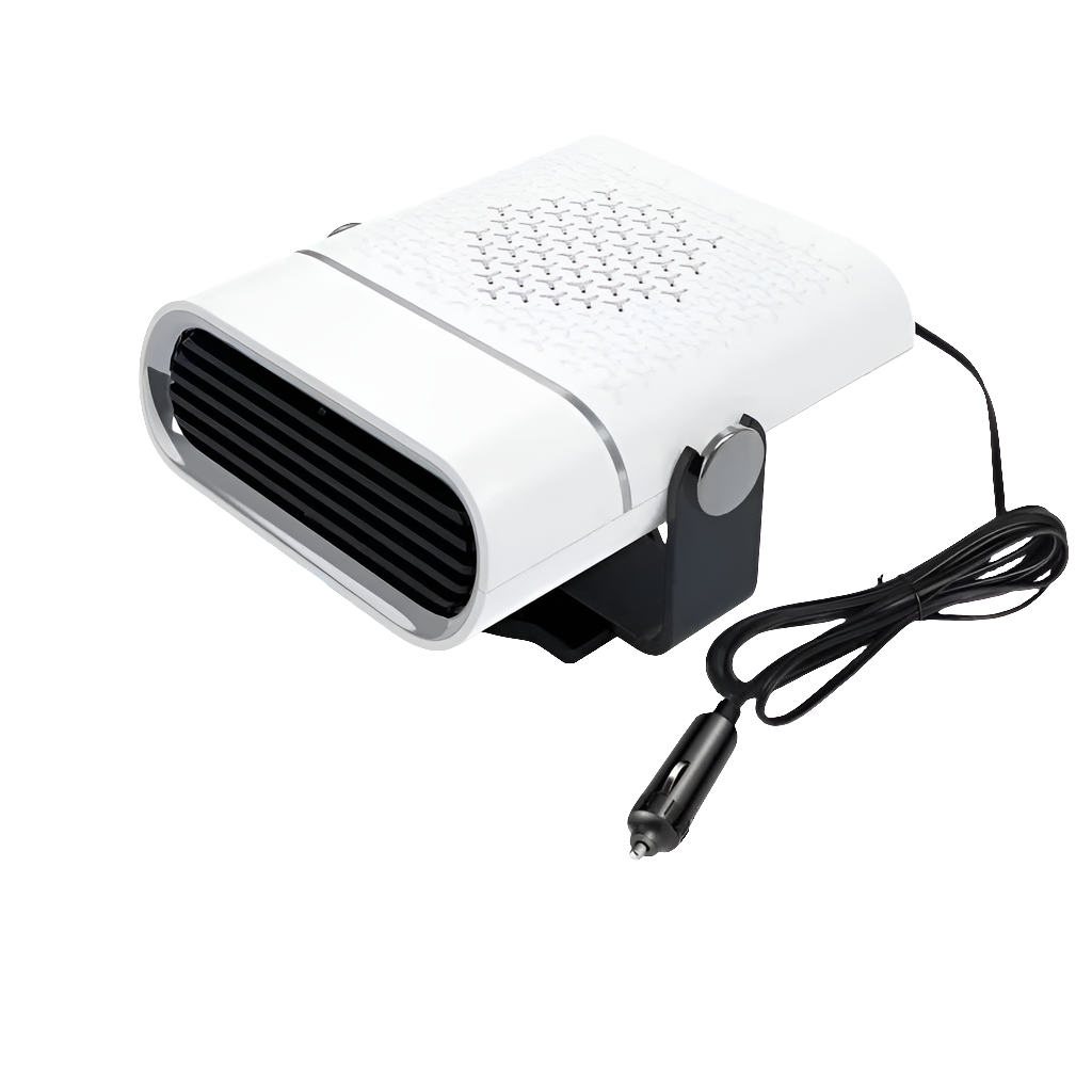 White Fitlybuy 4-in-1 car fan heater with black vents, rotating mount, and 12V cigarette lighter power adapter.