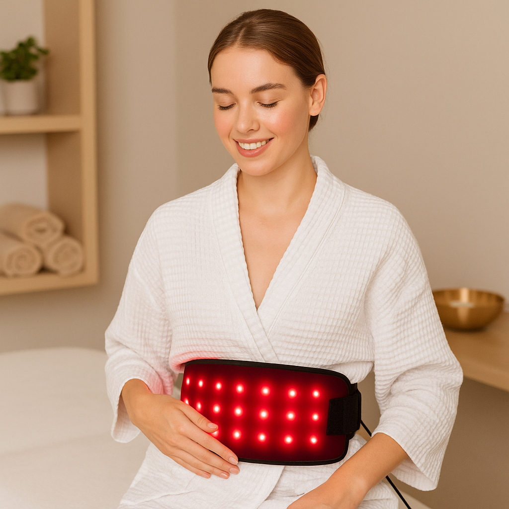 Woman in robe wearing a black Fitlybuy red light therapy belt with glowing infrared LEDs in a spa setting.