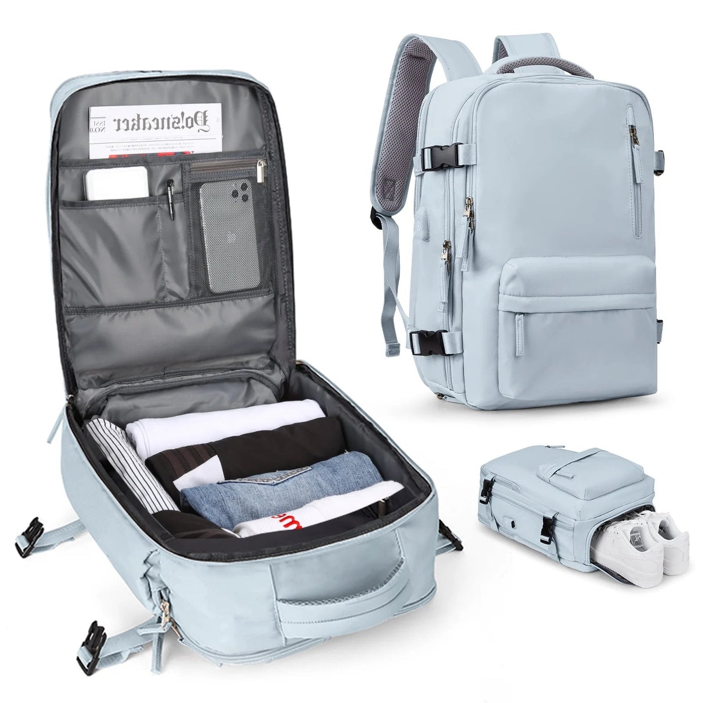 Light blue Fitlybuy travel backpack showing organized interior, external USB port, and separate shoe compartment.