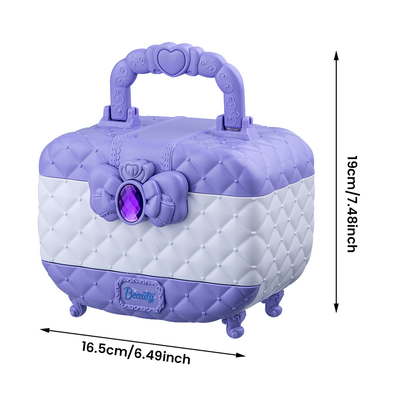 Purple and white quilted kids' makeup vanity case with a heart handle and gem-studded bow, including dimensions.