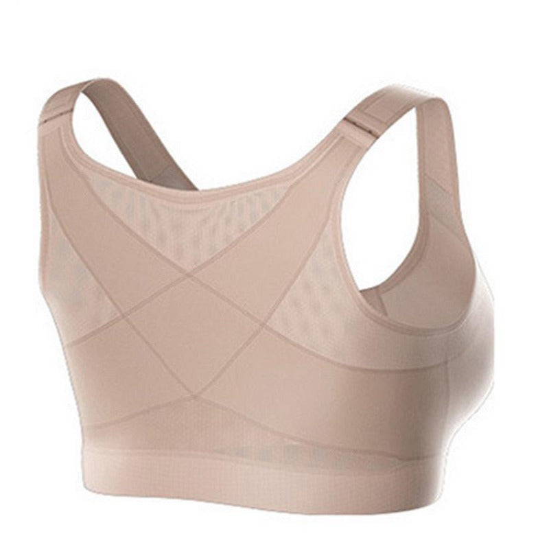 Beige Fitlybuy PostureLift wireless bra showing the crisscross back support design for improved posture.
