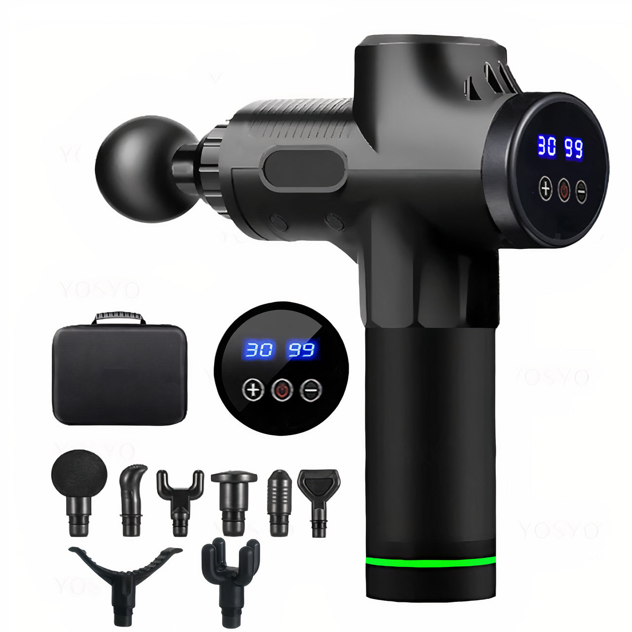 Black Fitlybuy ProMassage X1 massage gun with digital display, 8 attachments, and carrying case on white background.