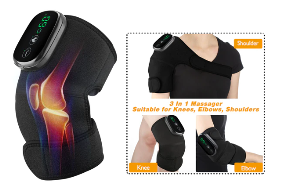 Fitlybuy 3-in-1 black thermal massager with digital display, shown worn on a shoulder, knee, and elbow for heat therapy.