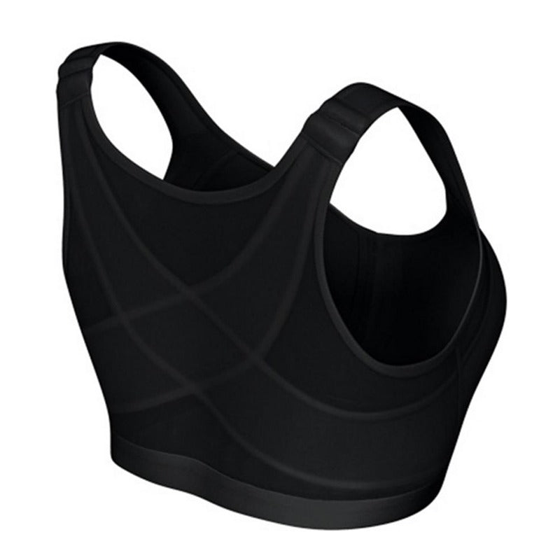 Fitlybuy PostureLift black wireless support bra, showcasing a back-support design with wide, comfortable straps.