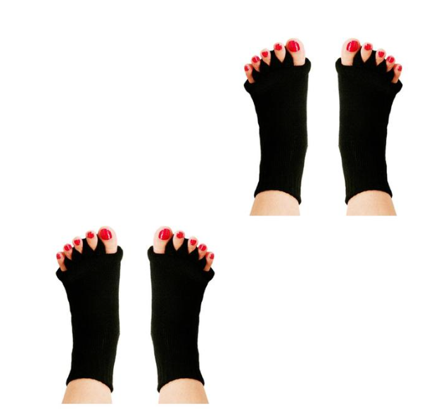 Fitlybuy black toe separator socks with ComfortFlex gel cushioning worn on feet with red-painted toenails.