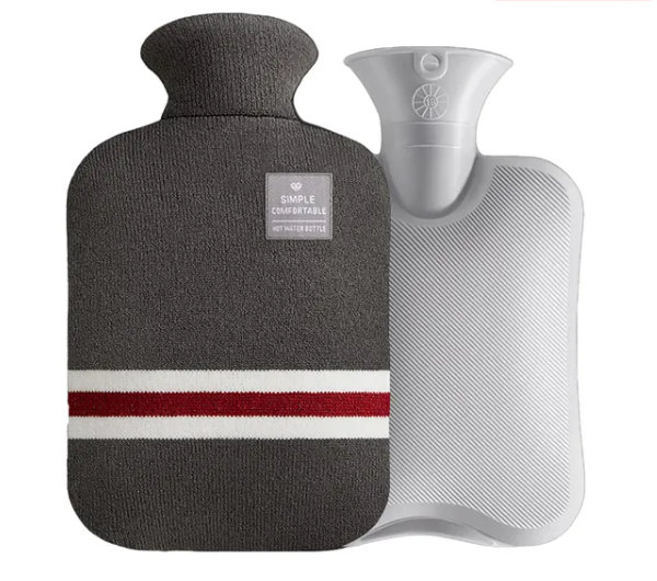 Fitlybuy grey hot/cold water bottle with removable knit cover, red/white stripe, and ribbed rubber inner bag.
