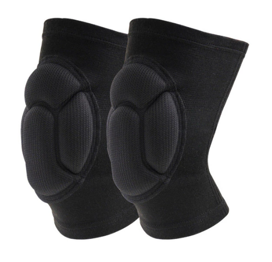 Pair of black Fitlybuy sports knee pads with thick, segmented shock-absorbing padding on a white background.