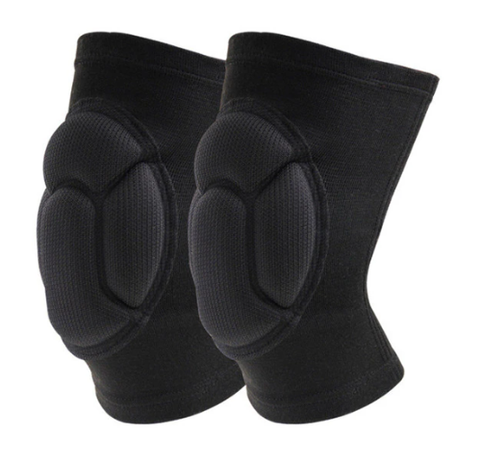 Pair of black Fitlybuy sports knee pads with thick, segmented shock-absorbing padding on a white background.