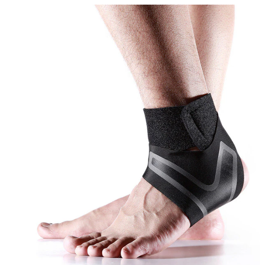 Black Fitlybuy Ankle Brace with FlexiGuard stabilization, featuring a secure wrap design worn on a human foot.