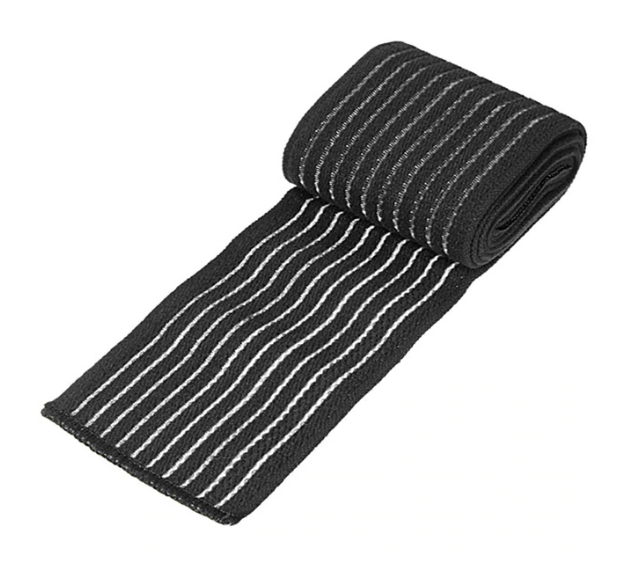 Fitlybuy black high-elasticity compression bandage with white stripe pattern for advanced joint support, isolated.