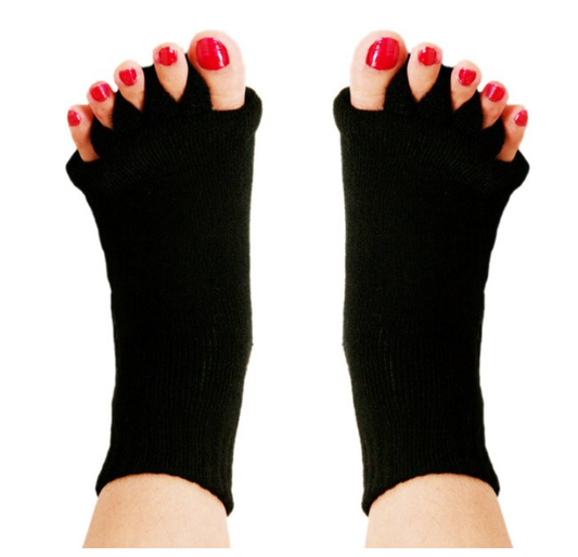 Fitlybuy black toe separator socks with ComfortFlex gel cushioning worn on feet with red-painted toenails.