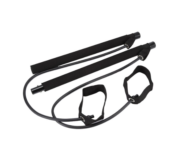 Fitlybuy black Pilates bar with FlexiGrip resistance cords and foot/hand loops, displayed against a white background.