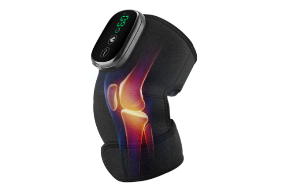 Fitlybuy black thermal knee massager with digital display, shown over a glowing anatomical illustration of a knee joint.